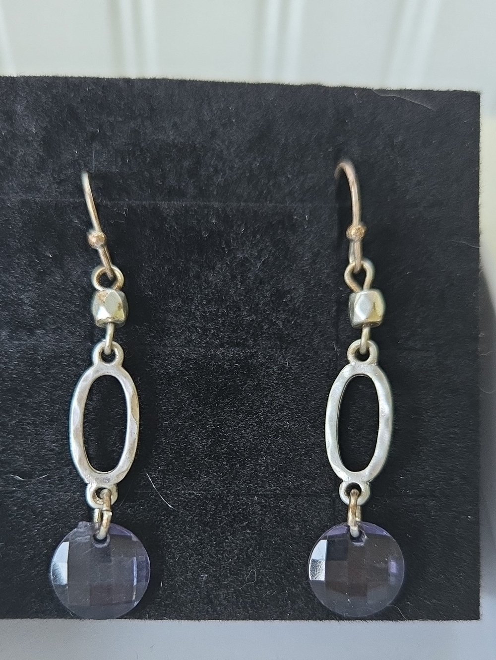 Silver Oval Drop Earrings with Purple/Indigo Crystal Dangles
